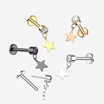 Detail View 1 of Implant Grade Titanium OneFit Threadless Rose Gold Sparkle Dangle Star Top Flat Back Labret-Aurora Borealis
